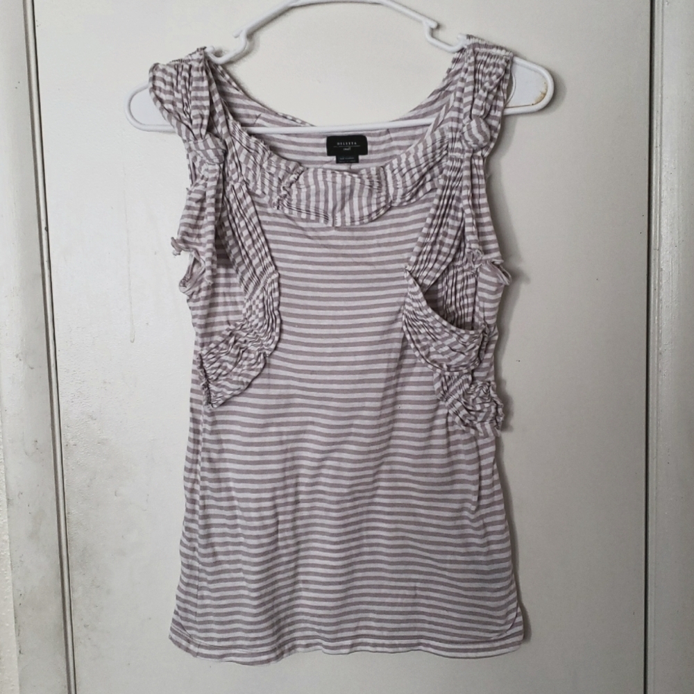 Anthropologie Deletta Tan & White Nautical Striped Tank w/Pleated Details Size S